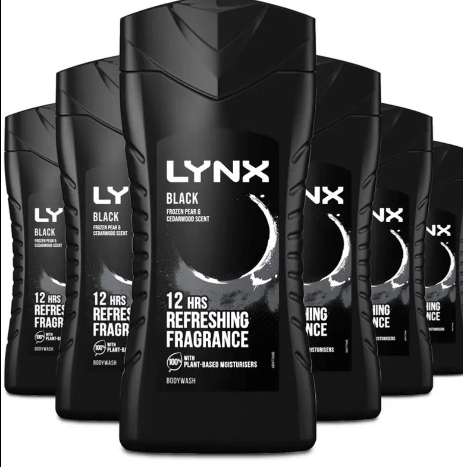 Lynx Black Shower Gel 225ml – Pack of 6 | 12H Refreshing Fragrance