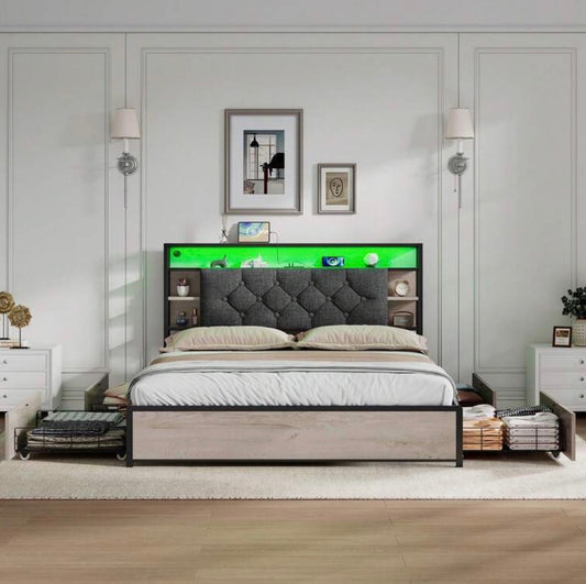 Flieks 4FT6 Double Bed With Storage, Elegant Bed Frame With Concealed Headboard Storage And 4 Drawers, Button-Tufted Headboard With LED Lighting And Charging Station, Linen, Grey, 135x190cm