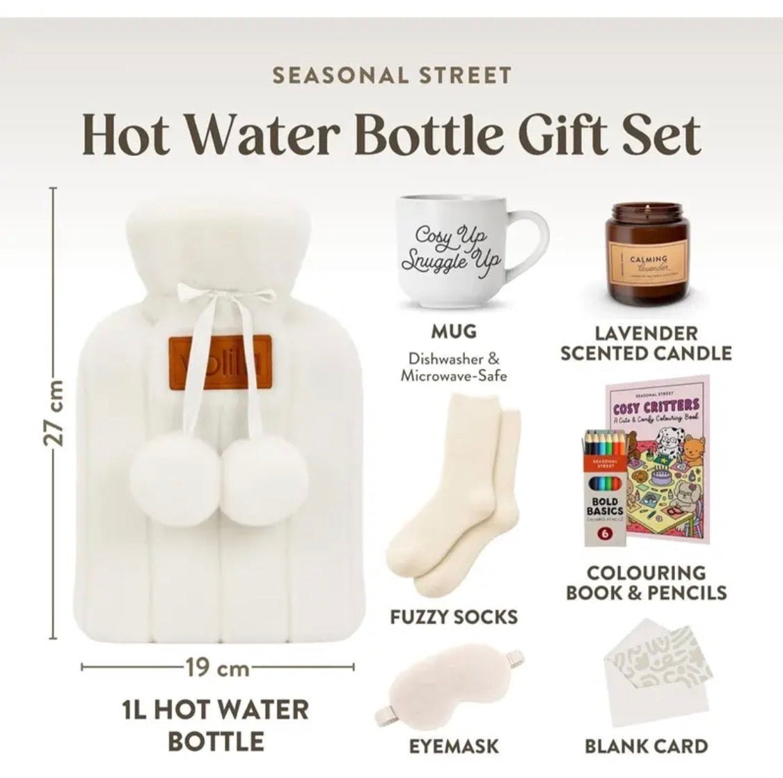 Hot Water Bottle Gift Set – 1000ml Pink Bottle with Socks, Mug, Candle, Eye Mask