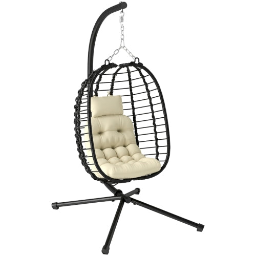 Outsunny Luxury Rattan Hanging Egg Chair – Foldable Wicker Swing with Cushion & Stand | Cream White