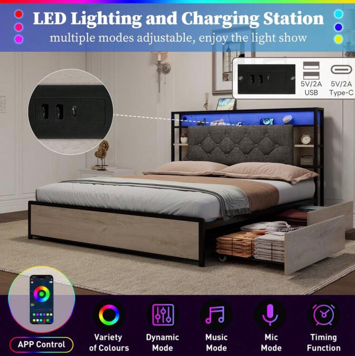 Flieks 4FT6 Double Bed With Storage, Elegant Bed Frame With Concealed Headboard Storage And 4 Drawers, Button-Tufted Headboard With LED Lighting And Charging Station, Linen, Grey, 135x190cm