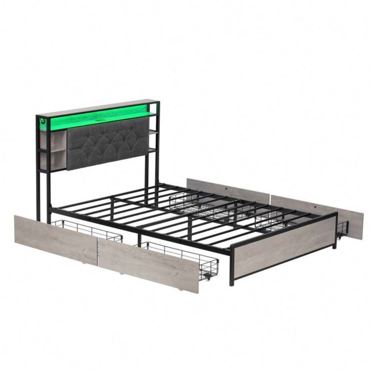Flieks 4FT6 Double Bed With Storage, Elegant Bed Frame With Concealed Headboard Storage And 4 Drawers, Button-Tufted Headboard With LED Lighting And Charging Station, Linen, Grey, 135x190cm