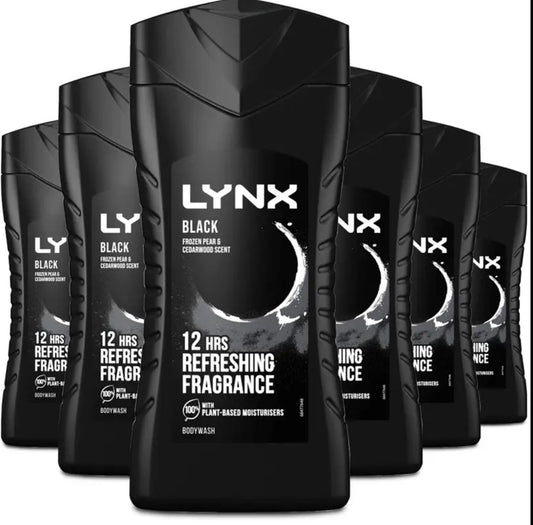 Lynx Black Shower Gel 225ml – Pack of 6 | 12H Refreshing Fragrance
