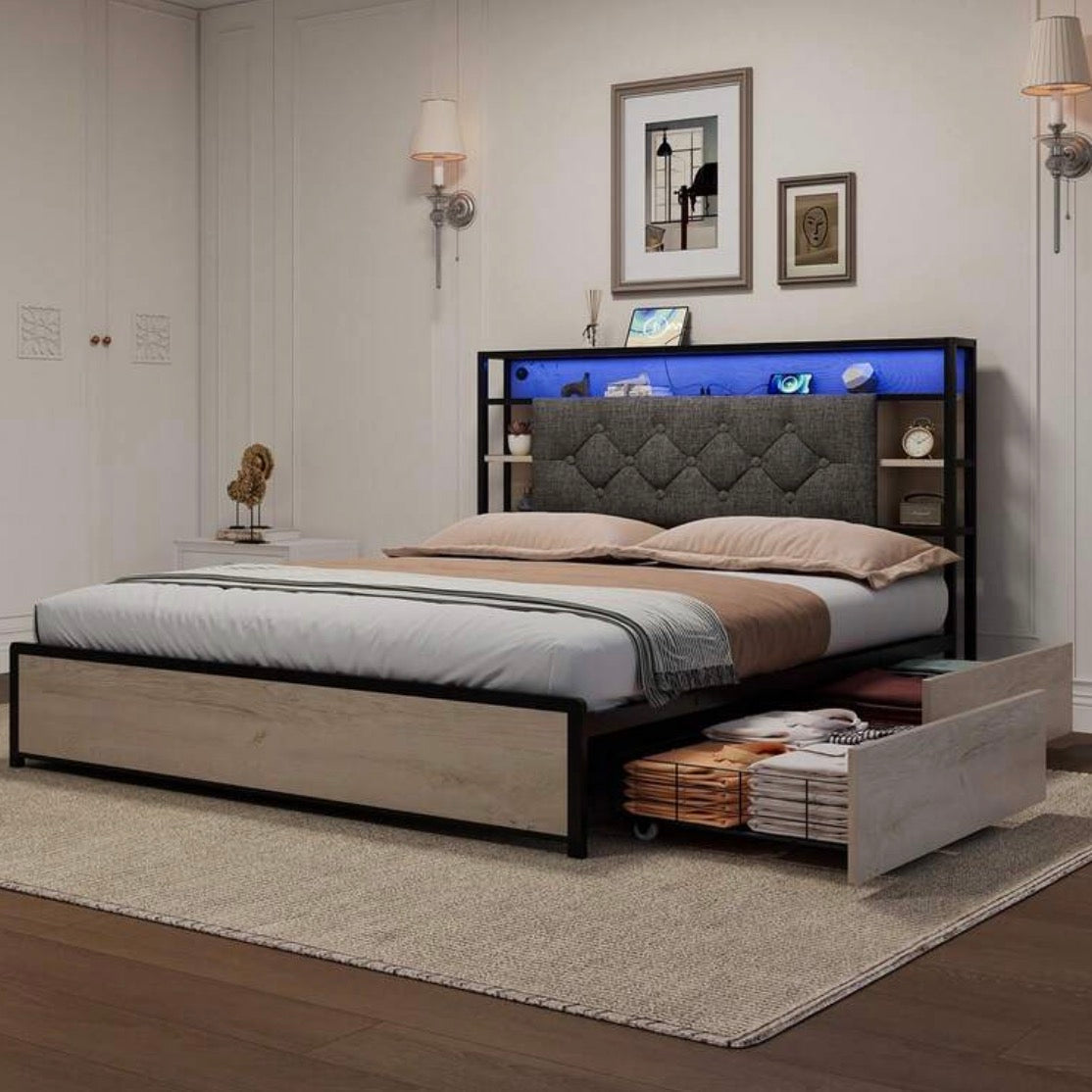 Flieks 4FT6 Double Bed With Storage, Elegant Bed Frame With Concealed Headboard Storage And 4 Drawers, Button-Tufted Headboard With LED Lighting And Charging Station, Linen, Grey, 135x190cm
