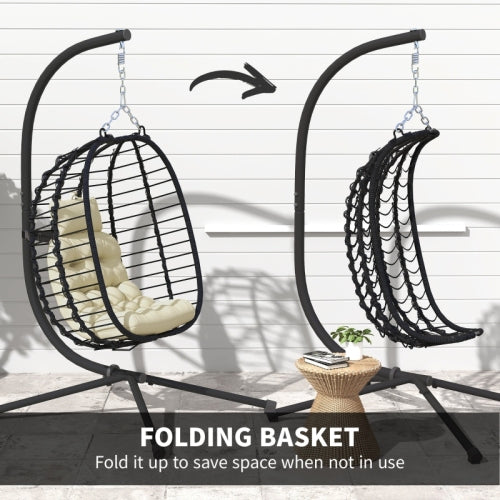 Outsunny Luxury Rattan Hanging Egg Chair – Foldable Wicker Swing with Cushion & Stand | Cream White