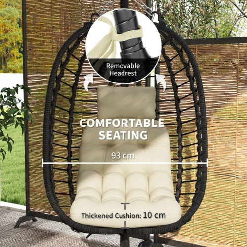 Outsunny Luxury Rattan Hanging Egg Chair – Foldable Wicker Swing with Cushion & Stand | Cream White