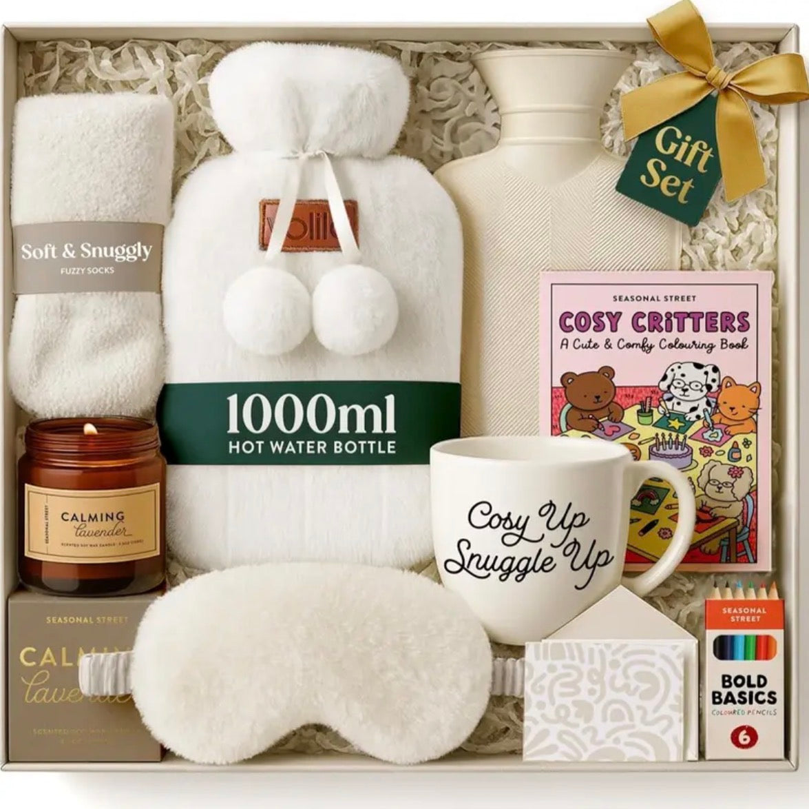 Hot Water Bottle Gift Set – 1000ml Pink Bottle with Socks, Mug, Candle, Eye Mask