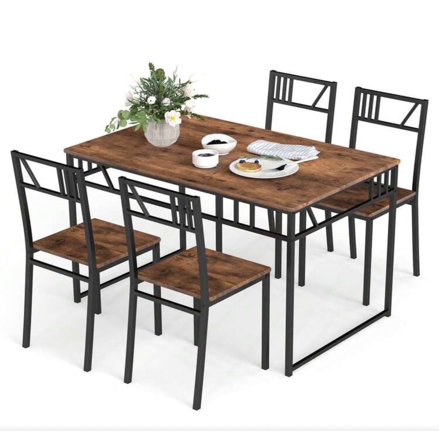 GOFLAME 5 Piece Dining Table Set, Industrial-Style Kitchen Table & 4 Chairs With Wood Like Tabletop & Metal Frame, Rectangular Table & Chair Set For Kitchen, Dining Room & Small Spaces