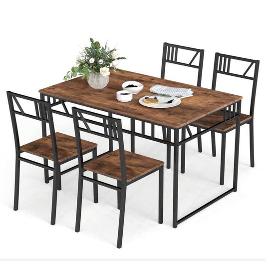 GOFLAME 5 Piece Dining Table Set, Industrial-Style Kitchen Table & 4 Chairs With Wood Like Tabletop & Metal Frame, Rectangular Table & Chair Set For Kitchen, Dining Room & Small Spaces