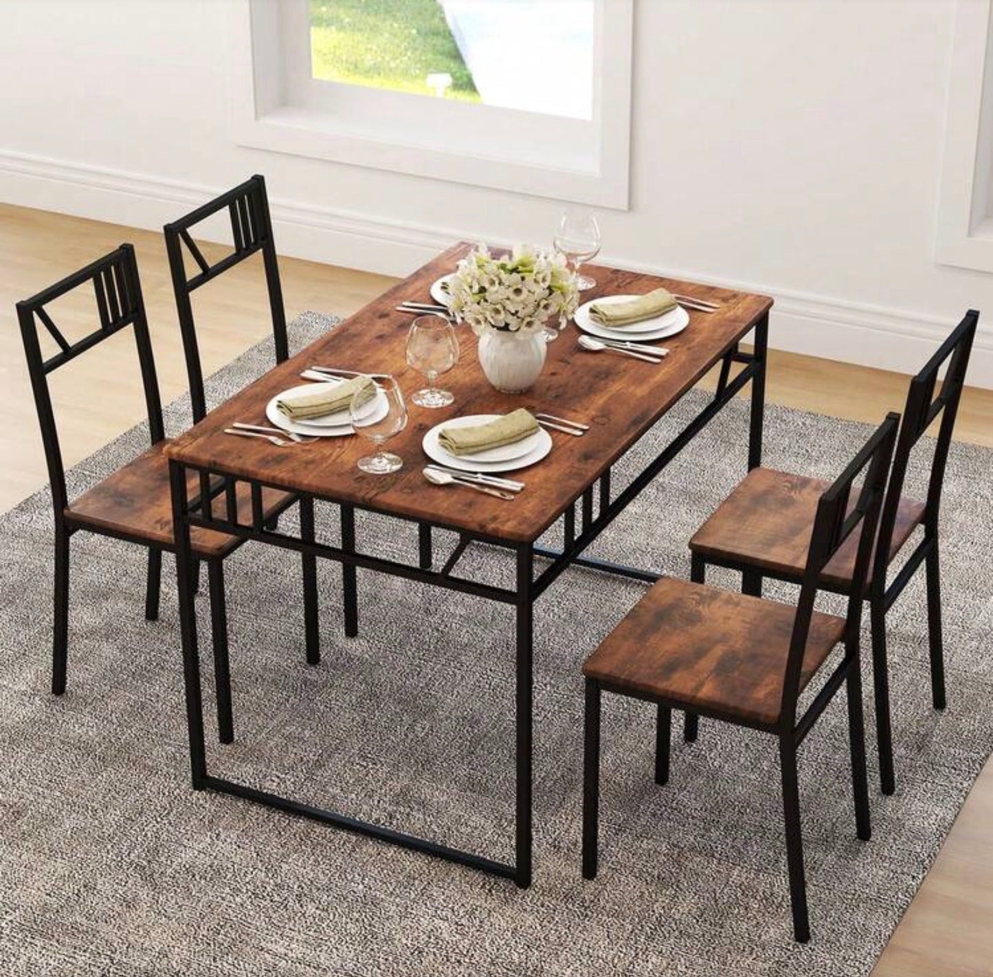 GOFLAME 5 Piece Dining Table Set, Industrial-Style Kitchen Table & 4 Chairs With Wood Like Tabletop & Metal Frame, Rectangular Table & Chair Set For Kitchen, Dining Room & Small Spaces