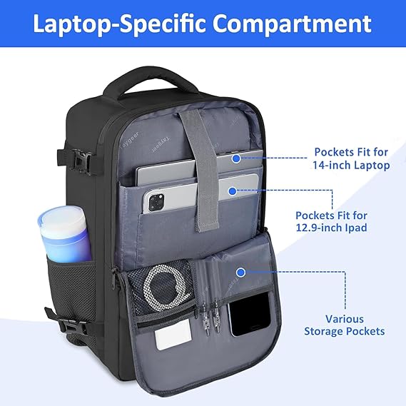 Taygeer for New Ryanair Cabin Bags 40x30x20 Underseat, Travel Backpack Cabin Size, Rucksack for Plane Hand Luggage Backpack for Travelling, Ryan Air Cabin Bag 40x30x20 with Separate Shoe Pouch, Black