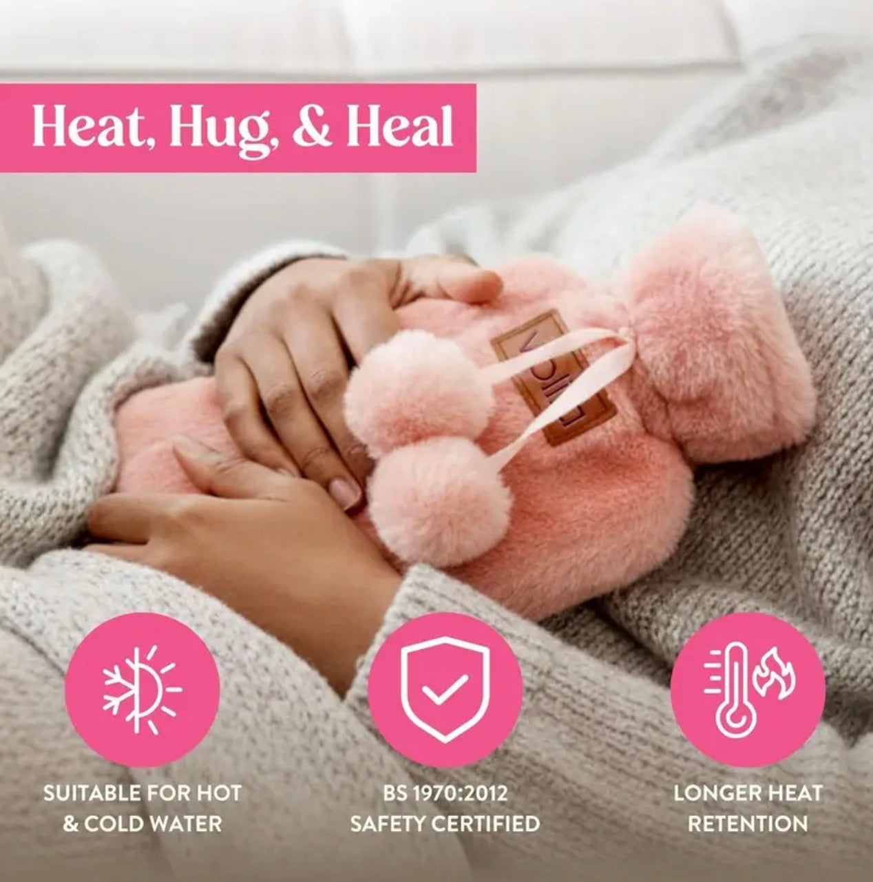 Hot Water Bottle Gift Set – 1000ml Pink Bottle with Socks, Mug, Candle, Eye Maskl