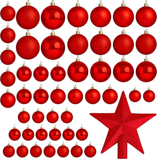 50pcs Red Christmas Baubles Set | Shatterproof Xmas Tree Decorations