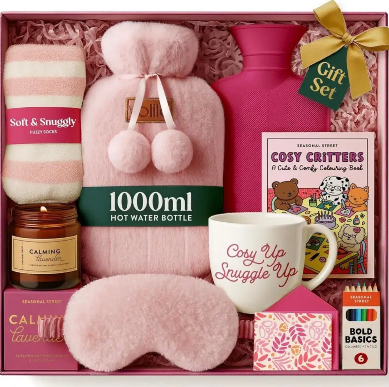 Hot Water Bottle Gift Set – 1000ml Pink Bottle with Socks, Mug, Candle, Eye Maskl