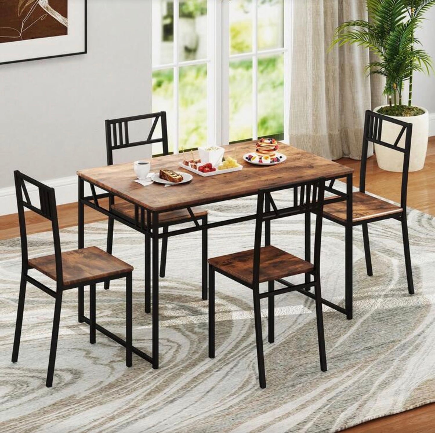GOFLAME 5 Piece Dining Table Set, Industrial-Style Kitchen Table & 4 Chairs With Wood Like Tabletop & Metal Frame, Rectangular Table & Chair Set For Kitchen, Dining Room & Small Spaces