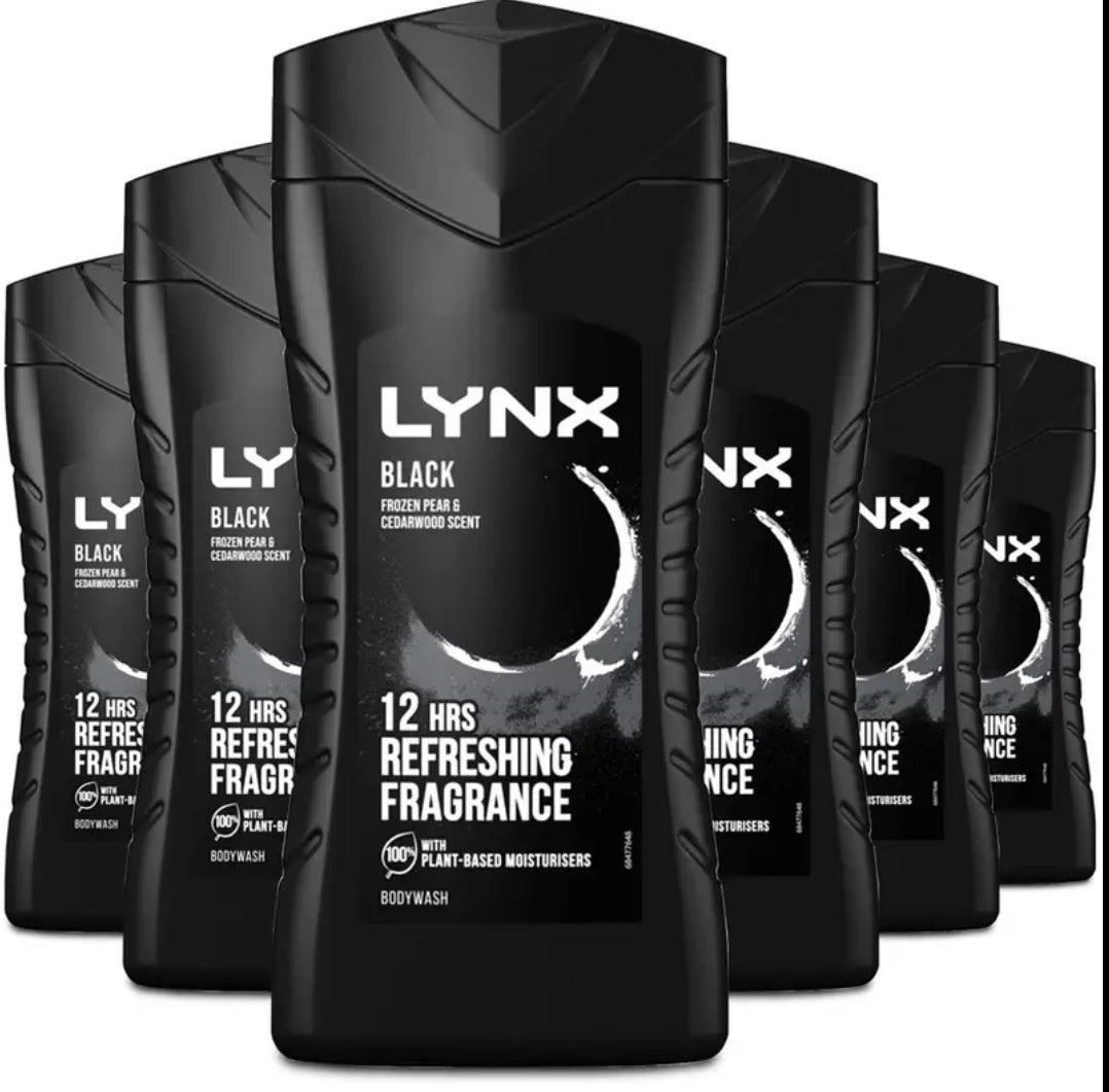 Lynx Black Shower Gel 225ml – Pack of 6 | 12H Refreshing Fragrance