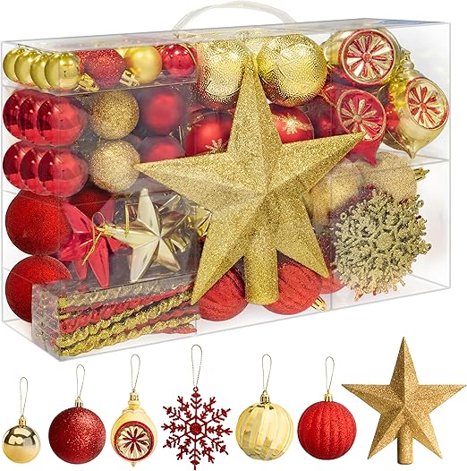 108pcs Christmas Baubles Set Red & Gold | Shatterproof Tree Decorations