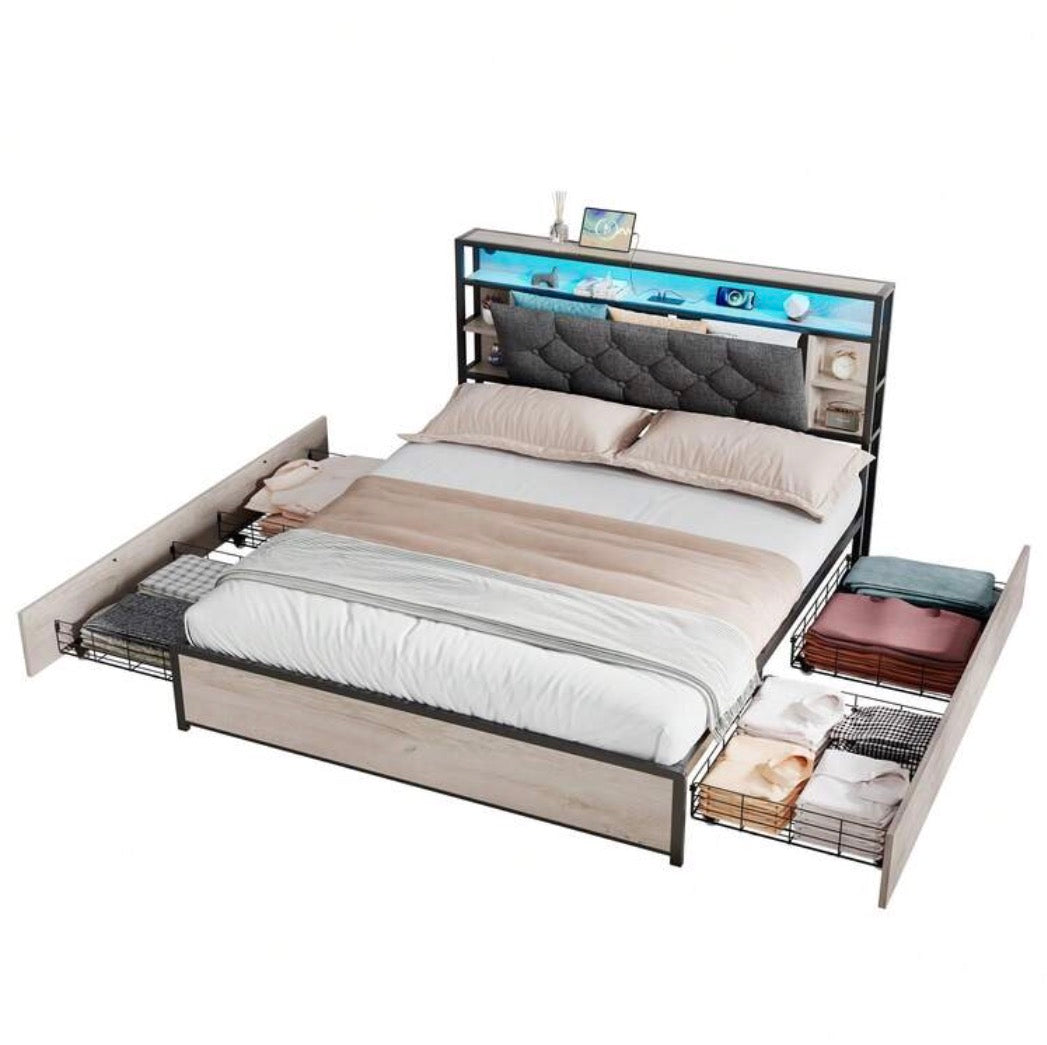 Flieks 4FT6 Double Bed With Storage, Elegant Bed Frame With Concealed Headboard Storage And 4 Drawers, Button-Tufted Headboard With LED Lighting And Charging Station, Linen, Grey, 135x190cm