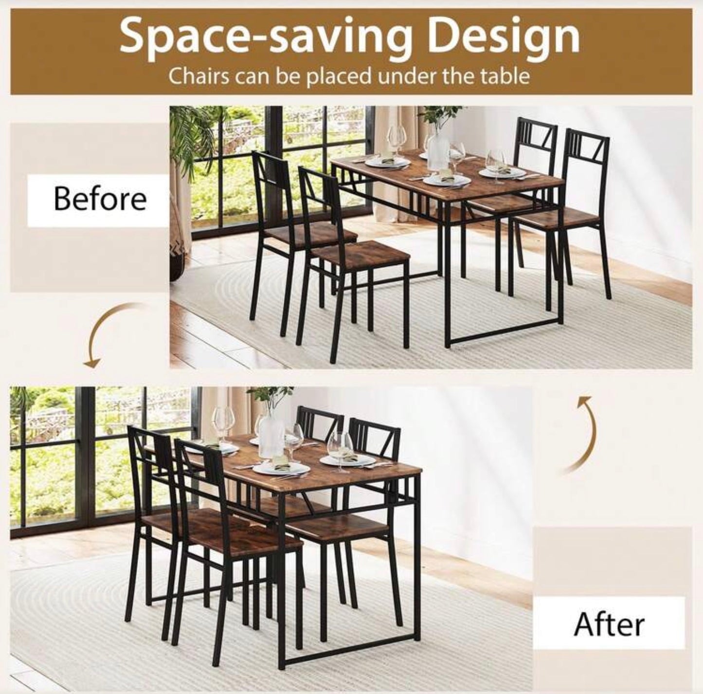 GOFLAME 5 Piece Dining Table Set, Industrial-Style Kitchen Table & 4 Chairs With Wood Like Tabletop & Metal Frame, Rectangular Table & Chair Set For Kitchen, Dining Room & Small Spaces