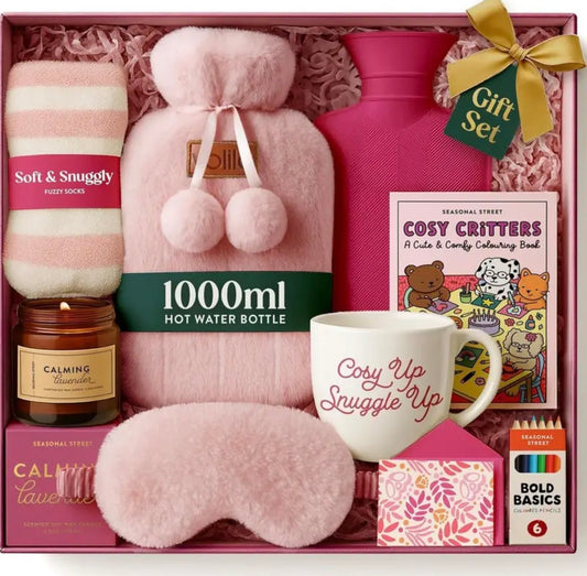 Hot Water Bottle Gift Set – 1000ml Pink Bottle with Socks, Mug, Candle, Eye Maskl