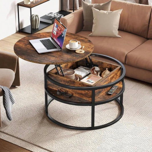 Round Lift Top Coffee Table, Coffee Tables With Living Room With Hidden Storage Compartment, Modern Coffee Table With Storage For Home Office,Round Center Tables Living Room (Brown)