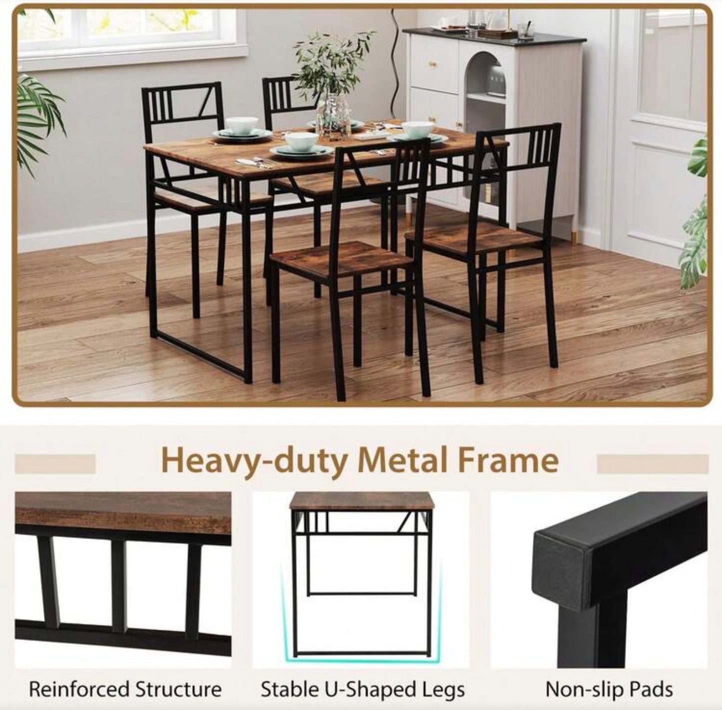 GOFLAME 5 Piece Dining Table Set, Industrial-Style Kitchen Table & 4 Chairs With Wood Like Tabletop & Metal Frame, Rectangular Table & Chair Set For Kitchen, Dining Room & Small Spaces