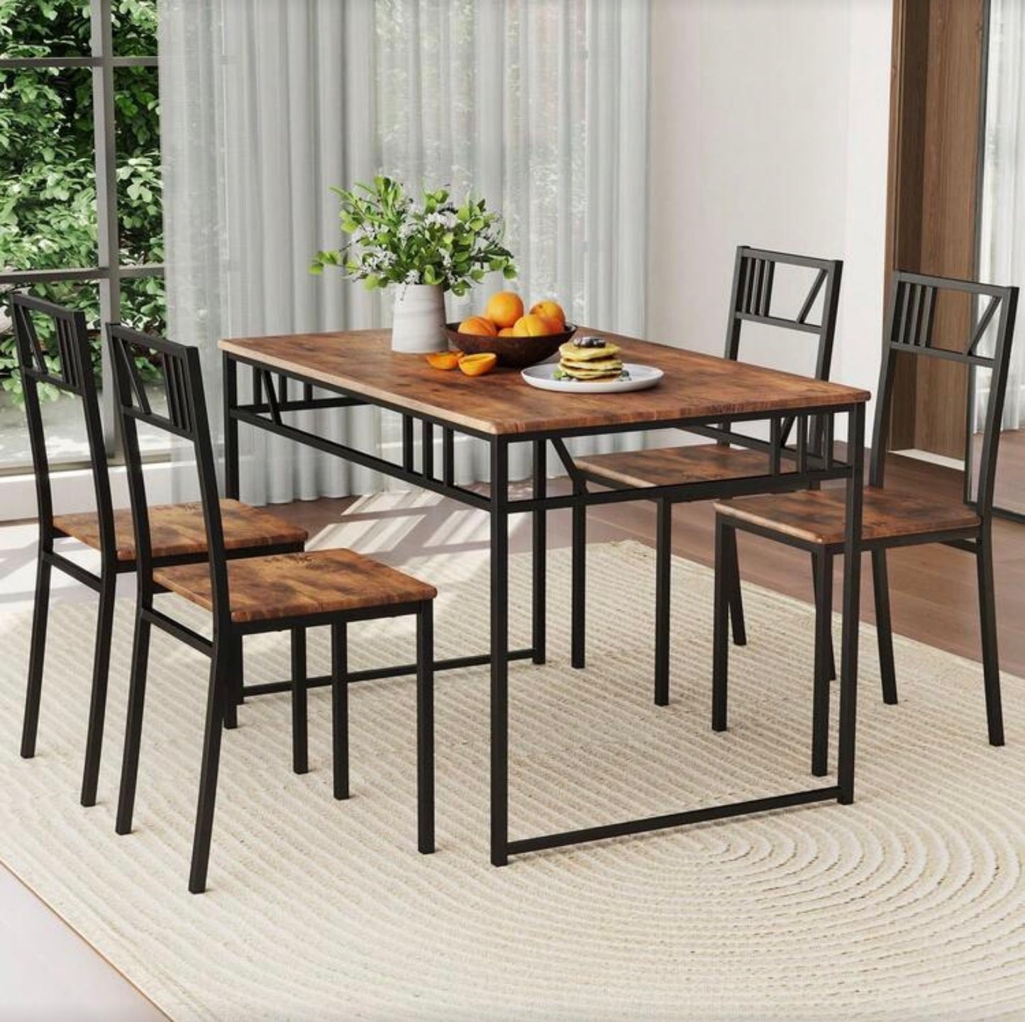 GOFLAME 5 Piece Dining Table Set, Industrial-Style Kitchen Table & 4 Chairs With Wood Like Tabletop & Metal Frame, Rectangular Table & Chair Set For Kitchen, Dining Room & Small Spaces