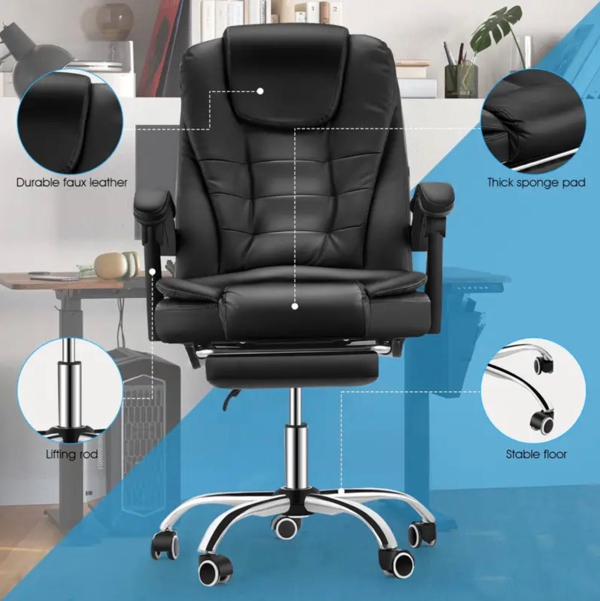 Luxury Ergonomic Gaming Chair with Footrest High Back Office Recliner Black