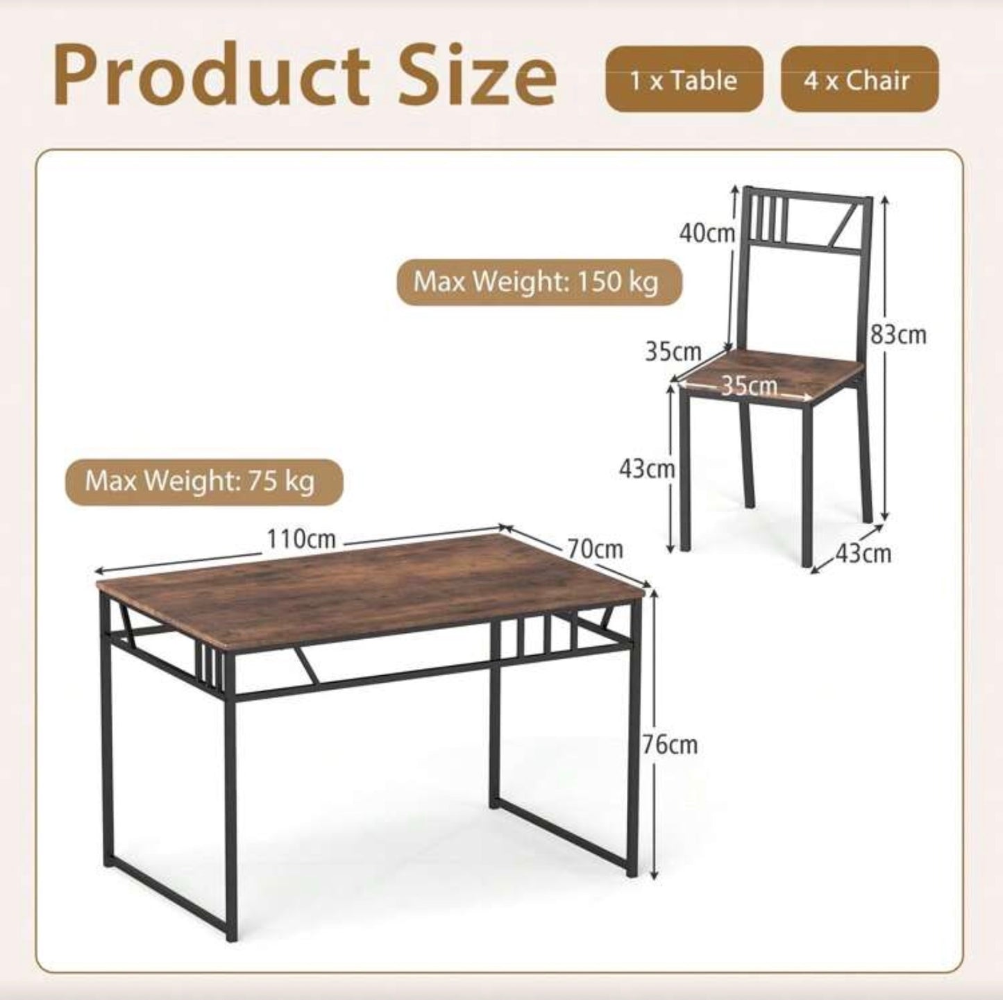 GOFLAME 5 Piece Dining Table Set, Industrial-Style Kitchen Table & 4 Chairs With Wood Like Tabletop & Metal Frame, Rectangular Table & Chair Set For Kitchen, Dining Room & Small Spaces