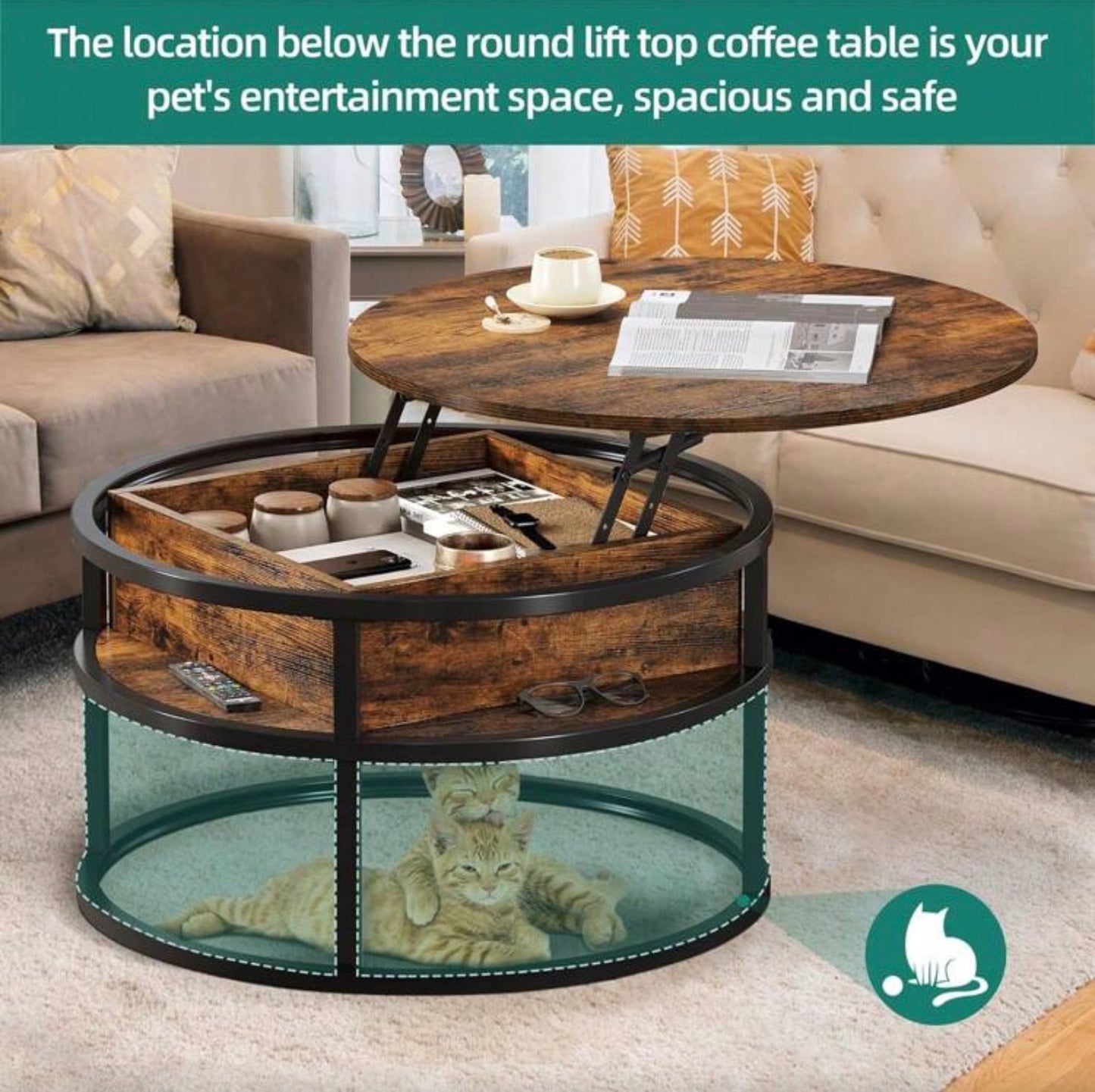 Round Lift Top Coffee Table, Coffee Tables With Living Room With Hidden Storage Compartment, Modern Coffee Table With Storage For Home Office,Round Center Tables Living Room (Brown)