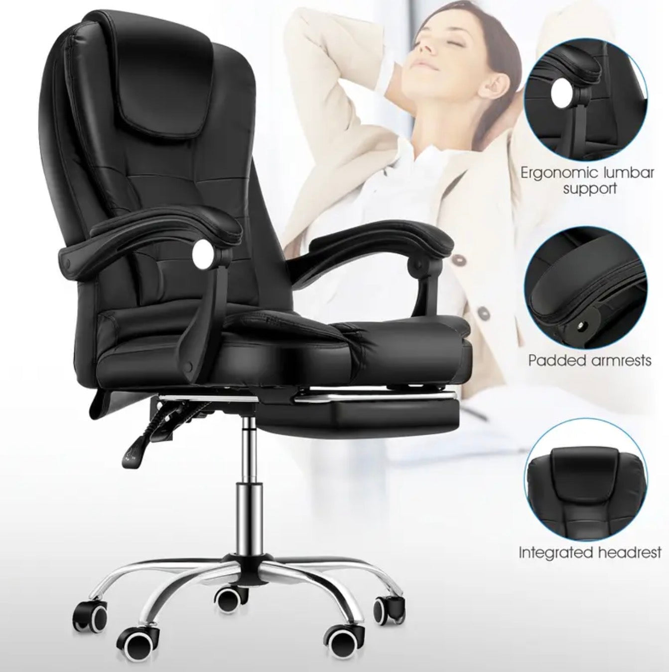 Luxury Ergonomic Gaming Chair with Footrest High Back Office Recliner Black