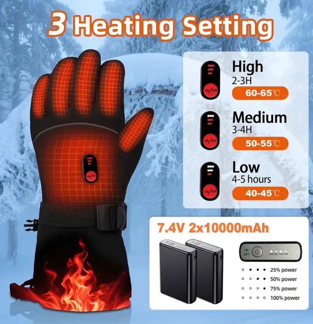 USB Rechargeable Heated Gloves – 3 Heat Settings, Touchscreen, 7.4V, Waterproof Winter Thermal Gloves