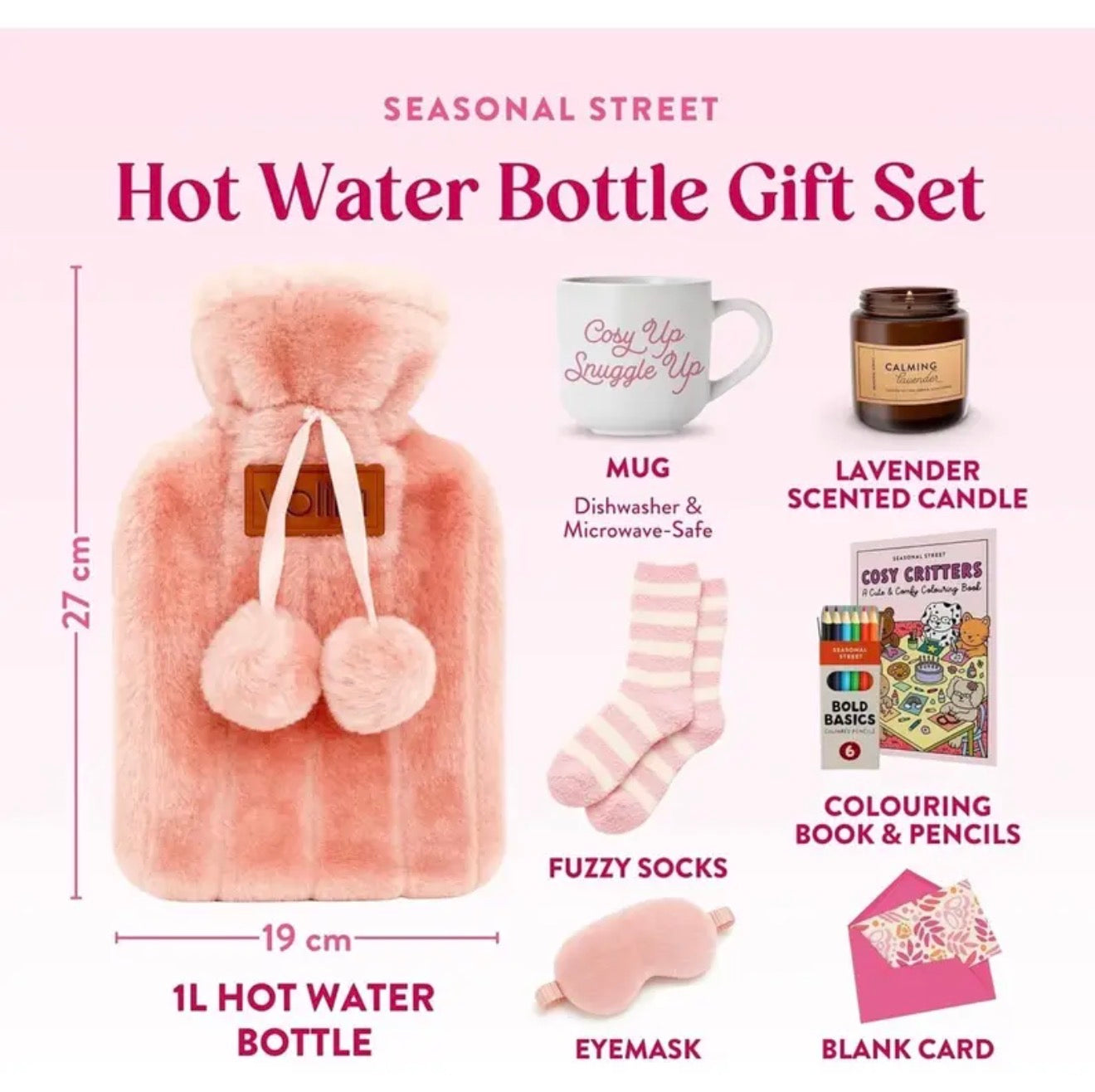 Hot Water Bottle Gift Set – 1000ml Pink Bottle with Socks, Mug, Candle, Eye Maskl